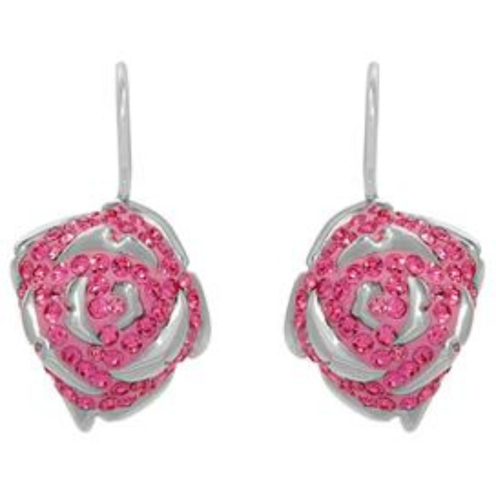 DESIGNER ROMANTIC ROSE PINK CRYSTALS SOLID .925 SILVER DANGLE EARRINGS**NEW!